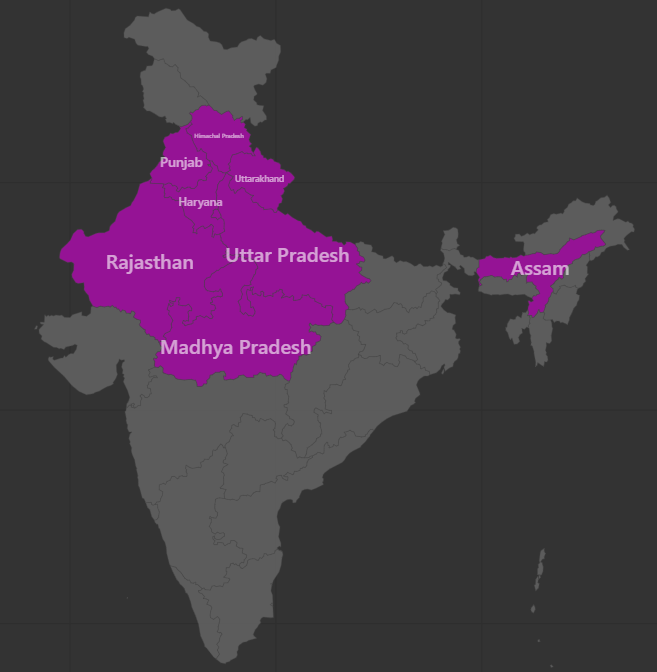 India Map Highlighting Operating States